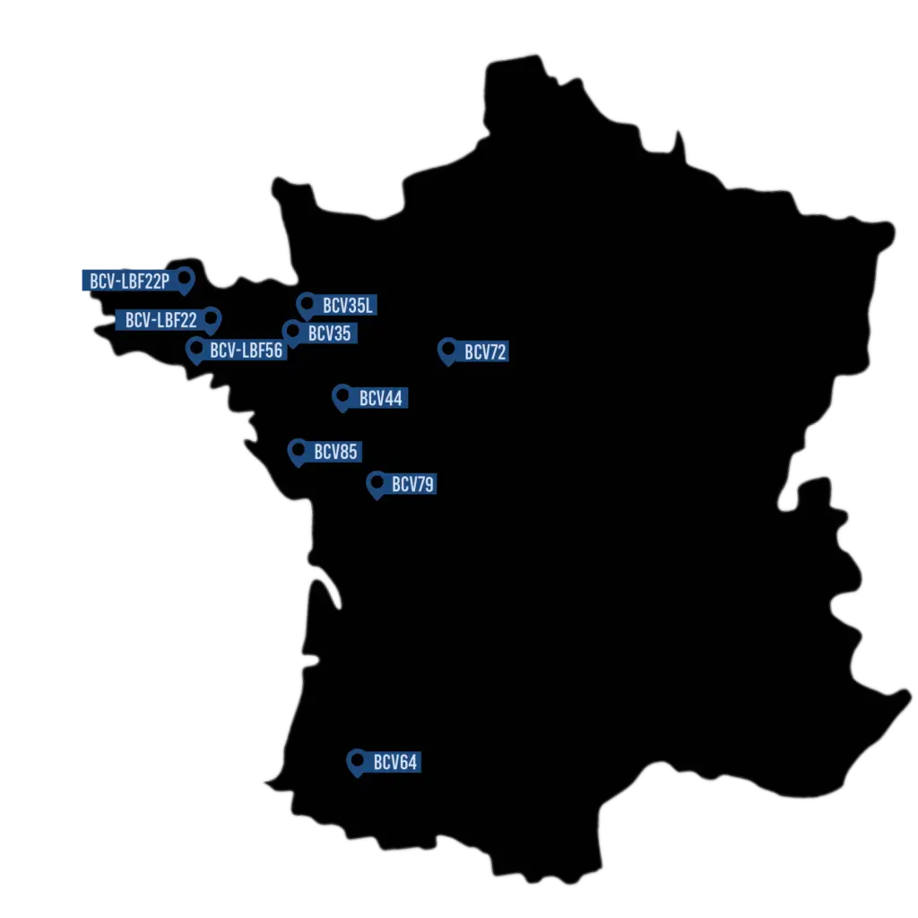 Carte de France des laboratoires d'analyses vétérinaires Bio Chêne Vert, 10 sites dans tous l'ouest de la France