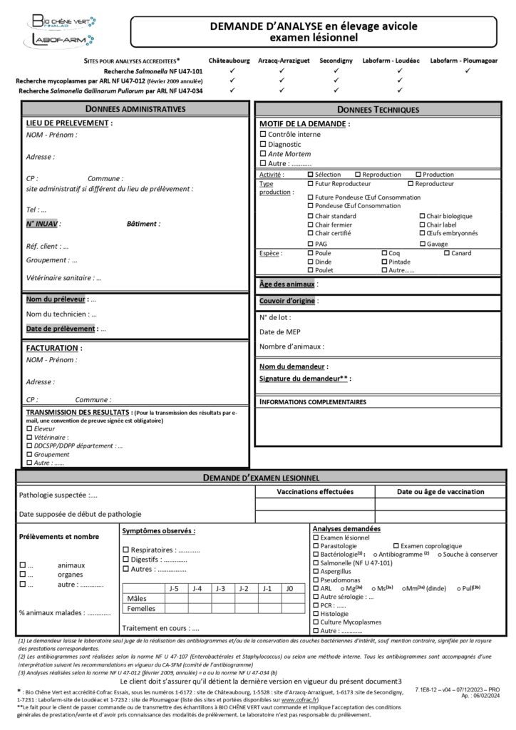 Demande d'analyse en élevage avicole, examen lésionnel.