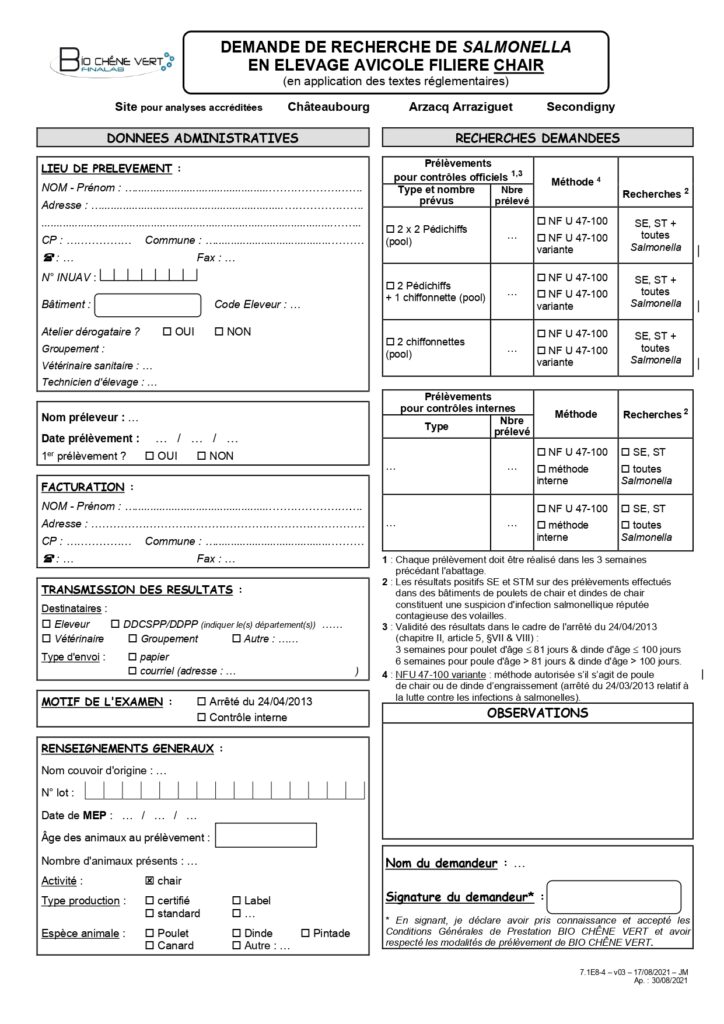 Demande d'analyse pour recherche de Salmonella en élevage avicole, filière volailles de chair