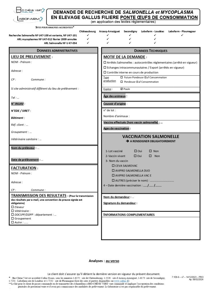 Demande d'analyses pour recherche de Salmonella et Mycoplasma en élevage gallus, filière ponte oeufs de consommation.