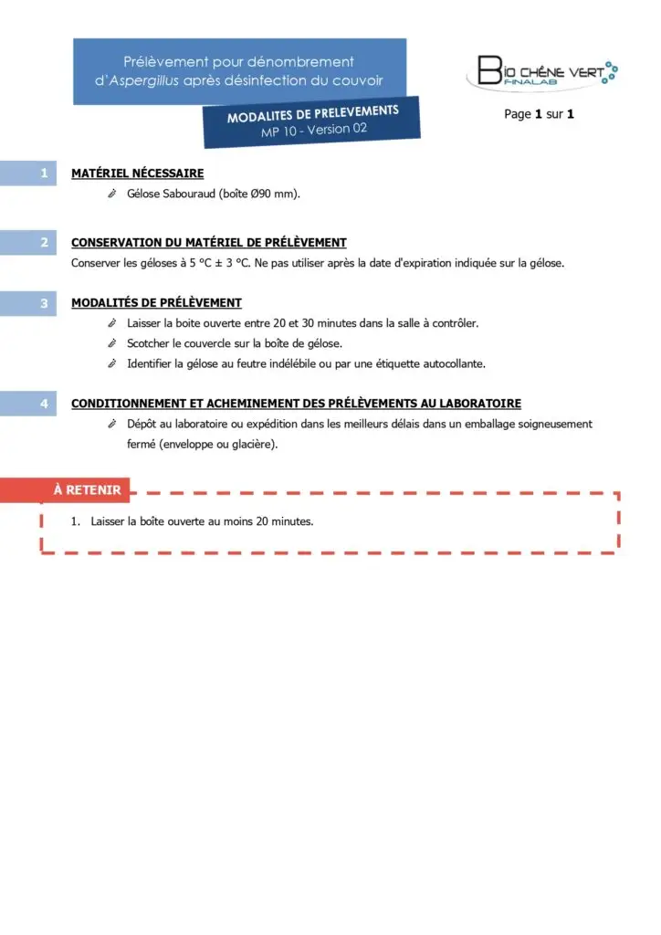 Modalité de prélèvement pour dénombrement d'Aspergillus après désinfection du couvoir.