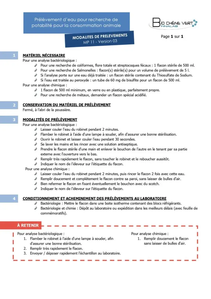 Modalité de prélèvement d'eau pour recherche de potabilité pour la consommation animale.