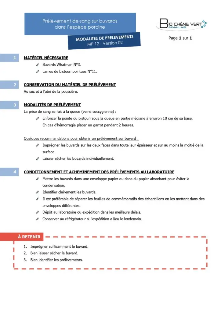 Modalité de prélèvement de sang sur buvards dans l'espèce porcine.