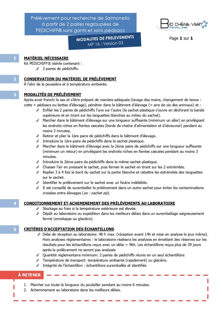 Modalité de prélèvement pour recherche de Salmonella à partir de deux paries regroupées de PEDICHIFF sans gants et sans pédisacs.