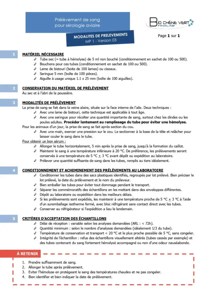 Modalité de prélèvement de sang pour sérologie aviaire