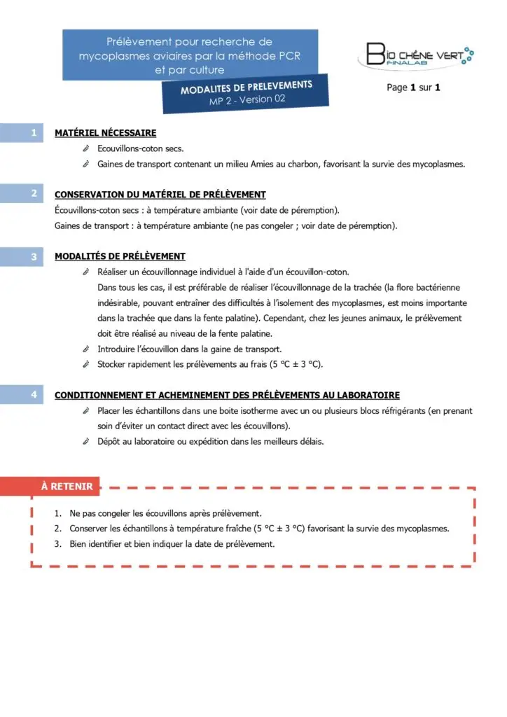 Modalité de prélèvement pour recherche de mycoplasmes aviaires par la méthode PCR et par culture.