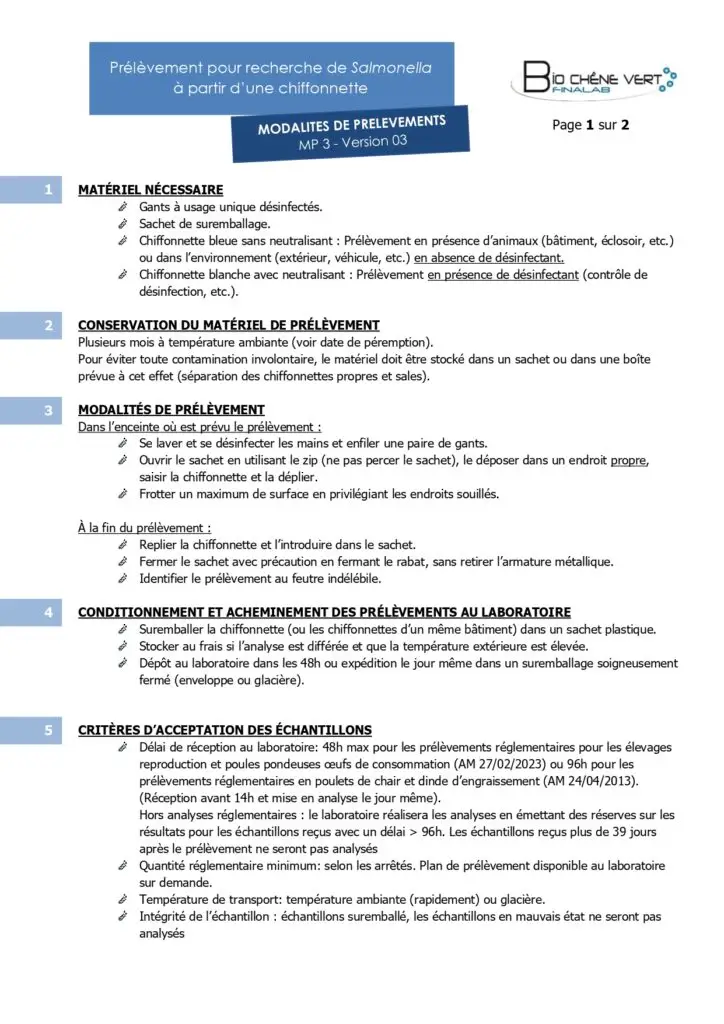 Modalité de prélèvement pour recherche de Salmonella à partir d'une chiffonnette.