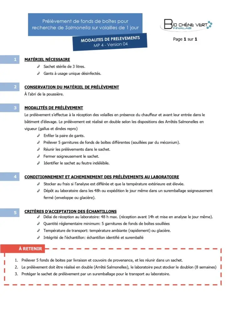 Modalité de prélèvement de fonds de boîtes pour recherche de Salmonella sur volailles de 1 jour.