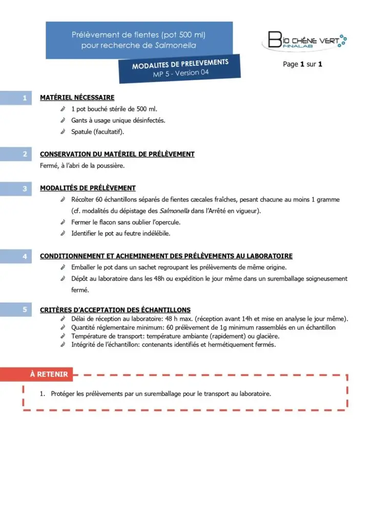 Modalité de prélèvement de fientes (pot 500mL) pour recherche de Salmonella.