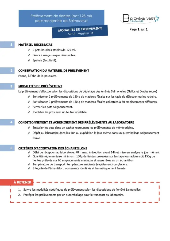 Modalité de prélèvement de fientes (pot 125mL) pour recherche de Salmonella.