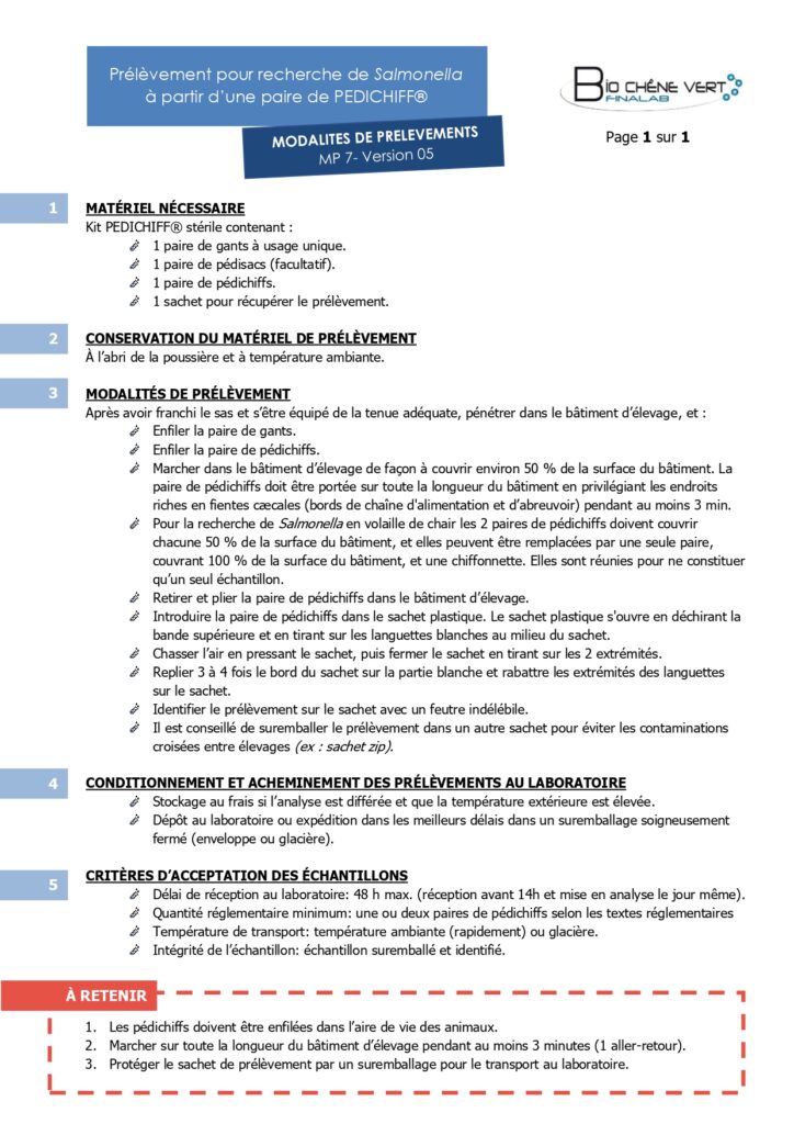 Modalité de prélèvement pour recherche de Salmonella à partir d'une paire de PEDICHIFF.