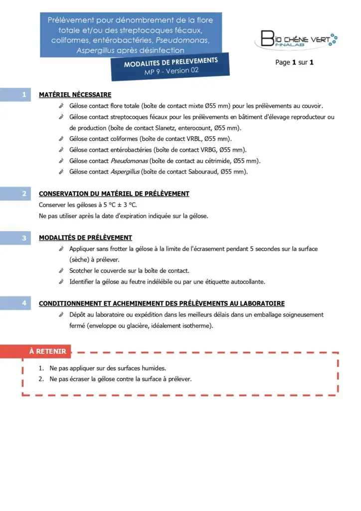 Modalité de prélèvement pour dénombrement de la flore totale et/ou des streptocoques fécaux, coliformes, entérobactéries, Pseudomonas, Aspergillus après désinfection.