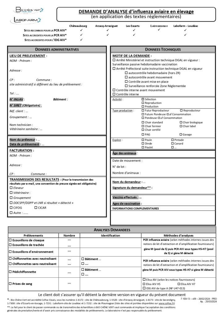 Demande d'analyse influenza aviaire en élevage (AIV).