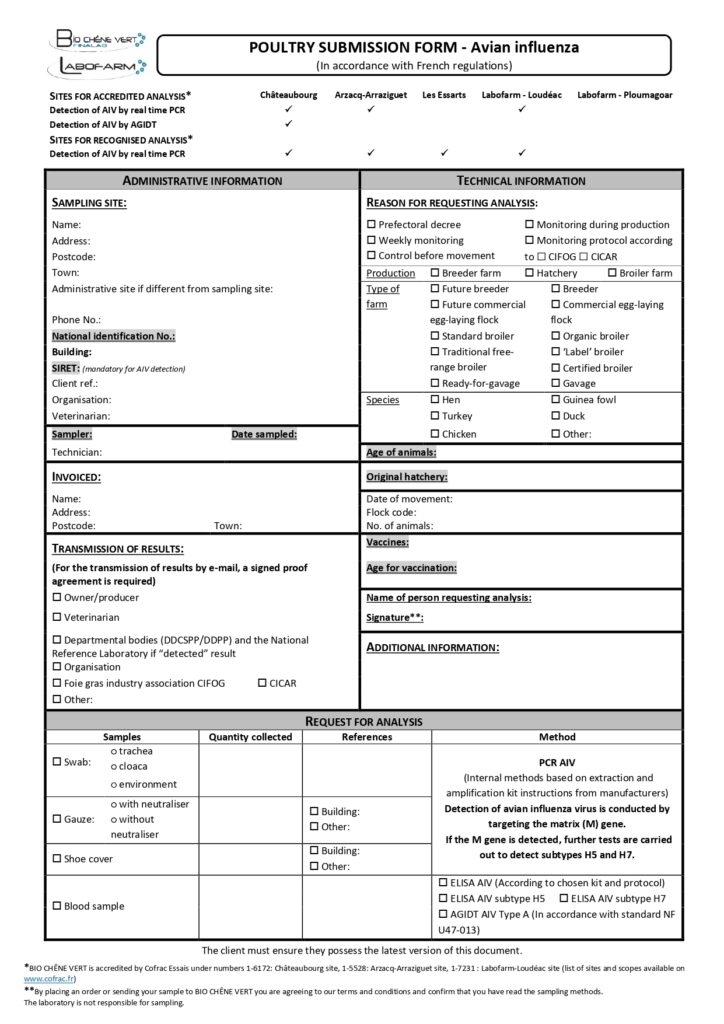 Poultry submission form avian influenza BCV
