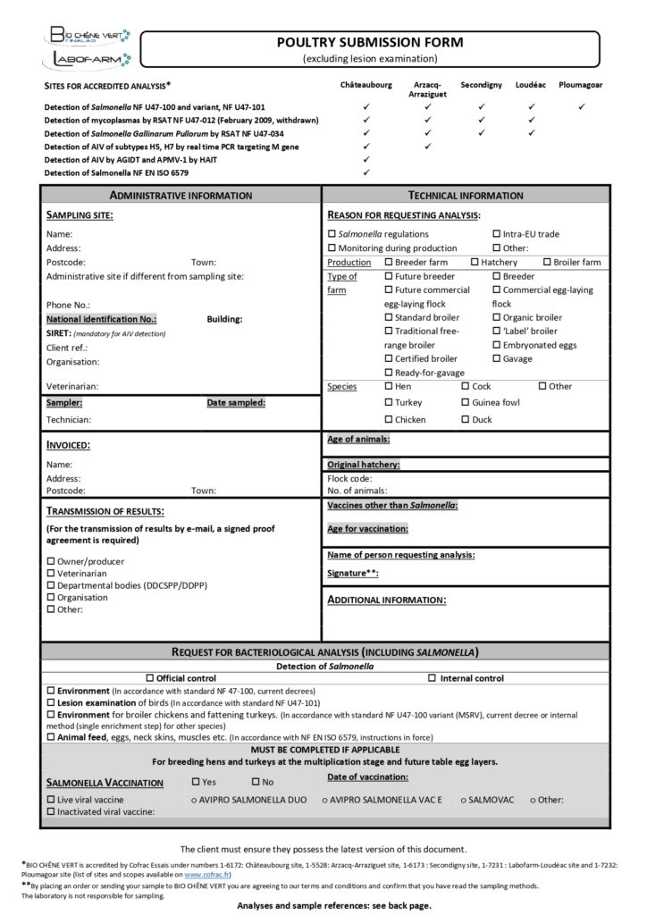 Poultry submission form excluding lesion examination BCV