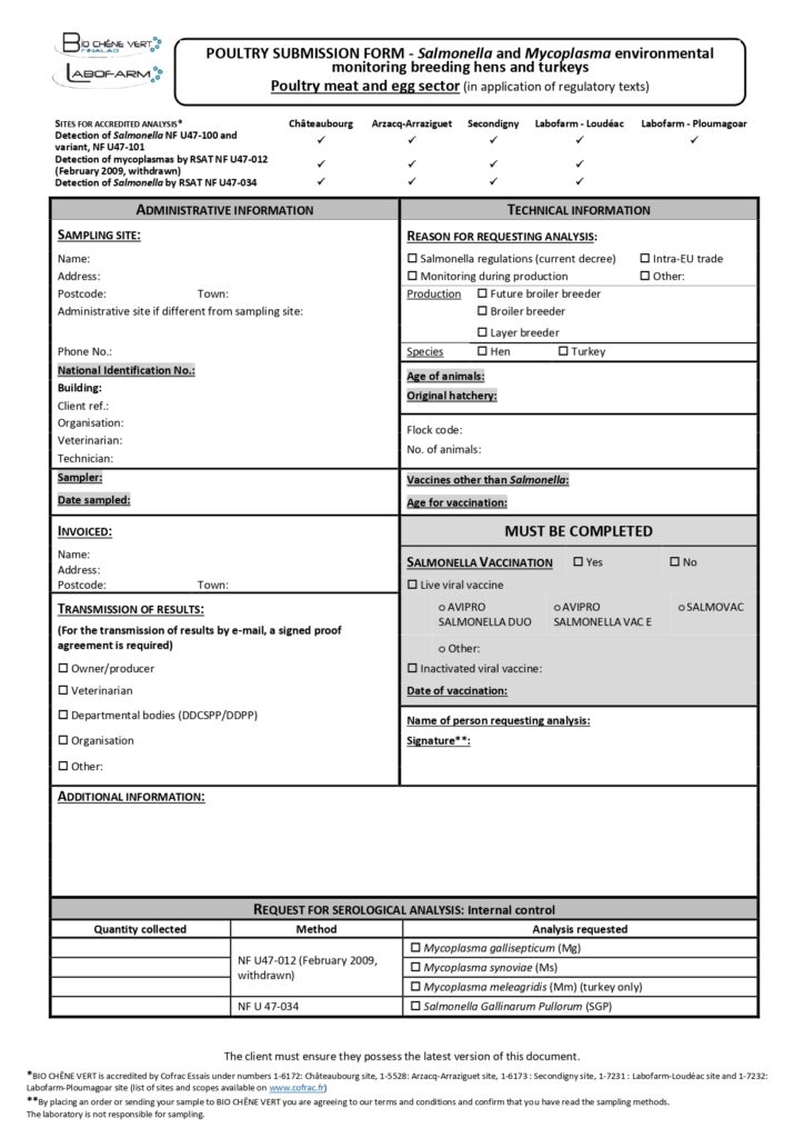 Poultry submission form salmonella and mycoplasma environmental monitoring breeding hens and turkeys BCV