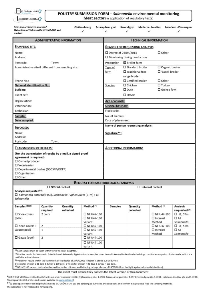 Poultry submission form salmonella environmental monitoring