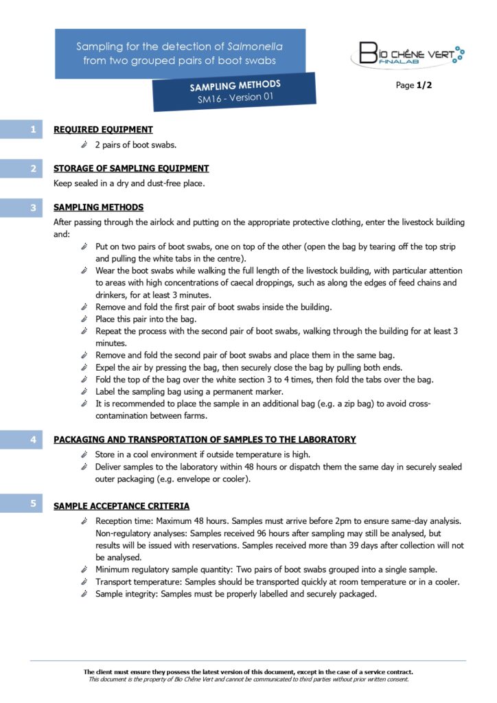 Sampling methods - Sampling for the detection of Salmonella from two grouped pairs of boot swabs