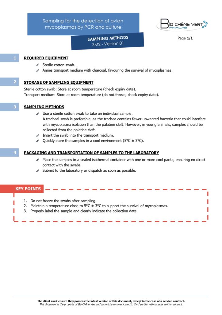 Sampling methods - Sampling for the detection of avian mycoplasmas by PCR and culture