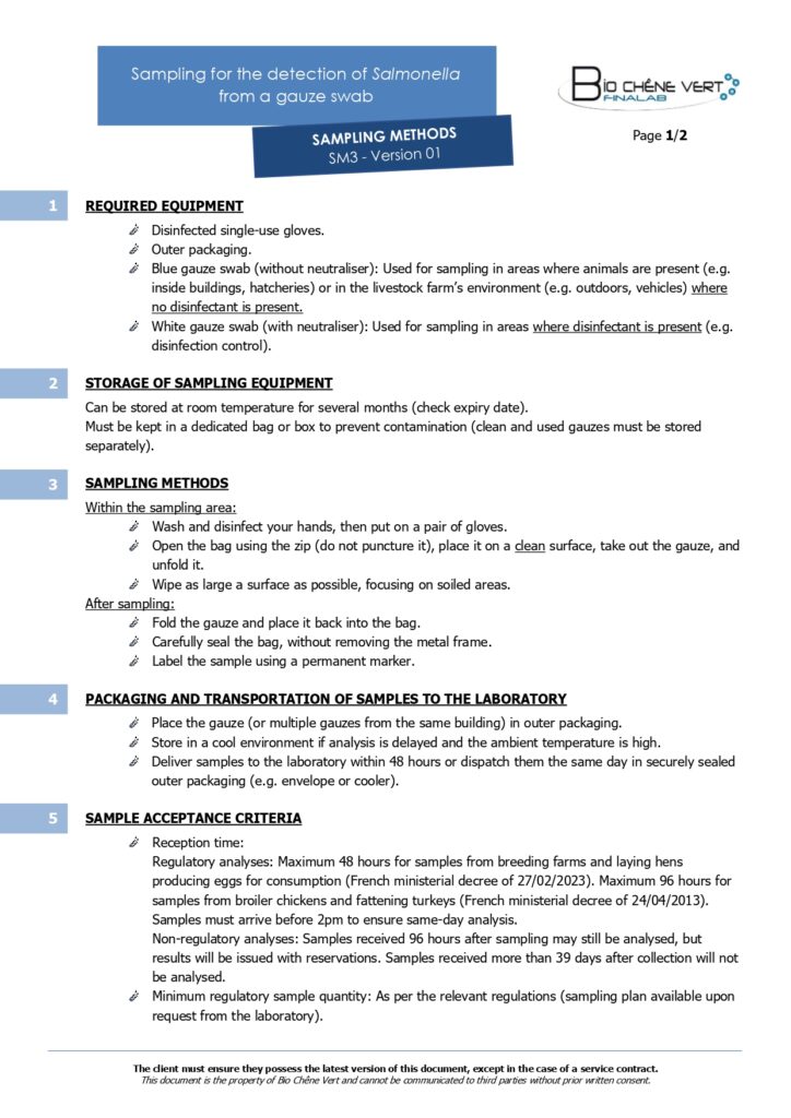 Sampling methods - Sampling for the detection of Salmonella from a gauze swab